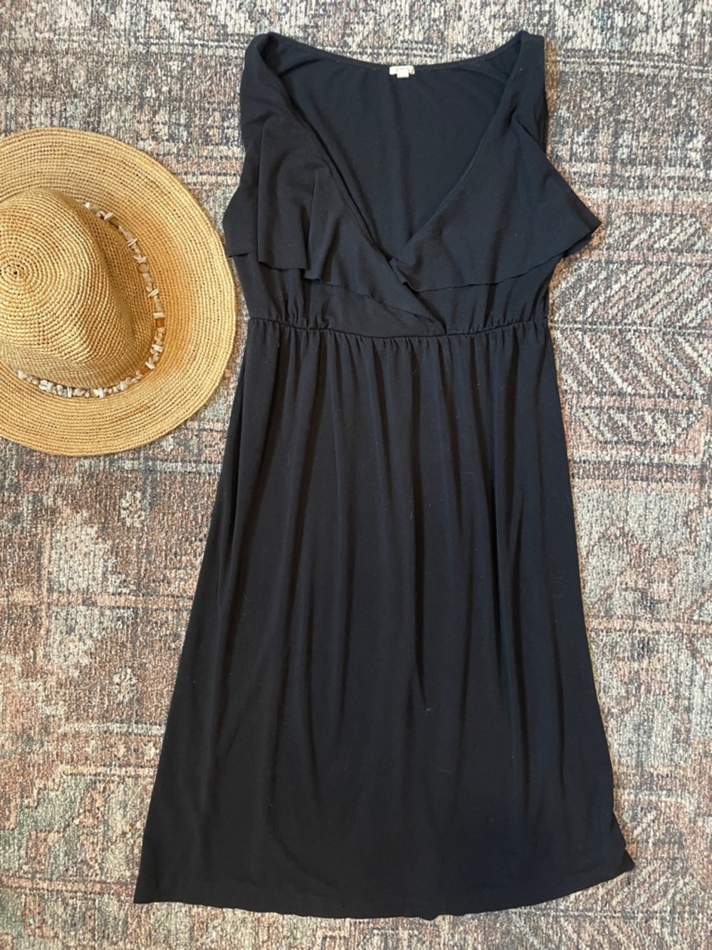 J.Crew Black Midi Dress Size S Ruffle Front Sleeveless Jersey Knit Casual